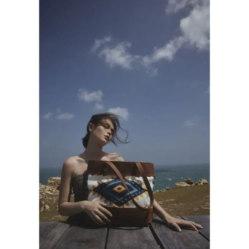 Myra Bag Handmade Sky Tote Bag Upcycled Canvas & Cowhide Leather